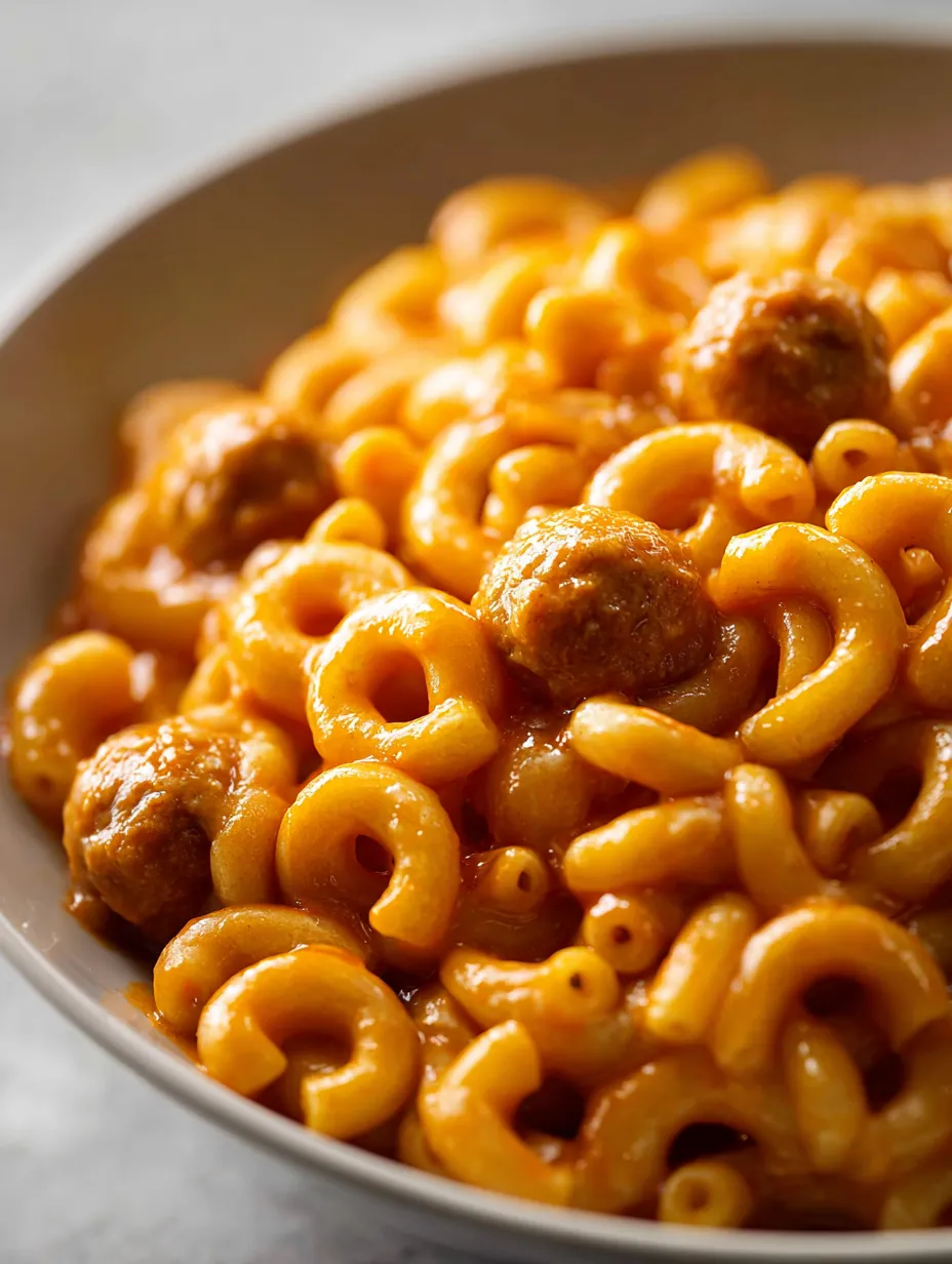 Un plato de pasta con albóndigas.