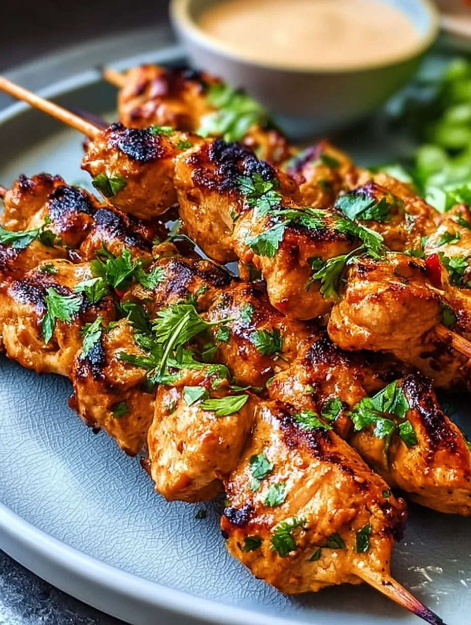 Un plato de brochetas de pollo con hierbas frescas.