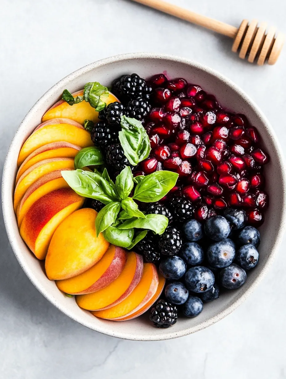 Un bol de fruta con arándanos, melocotones y moras.