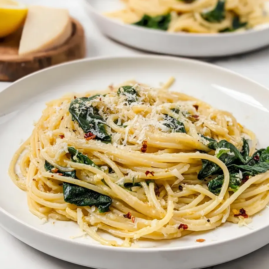 Un plato de pasta con espinaca y queso.