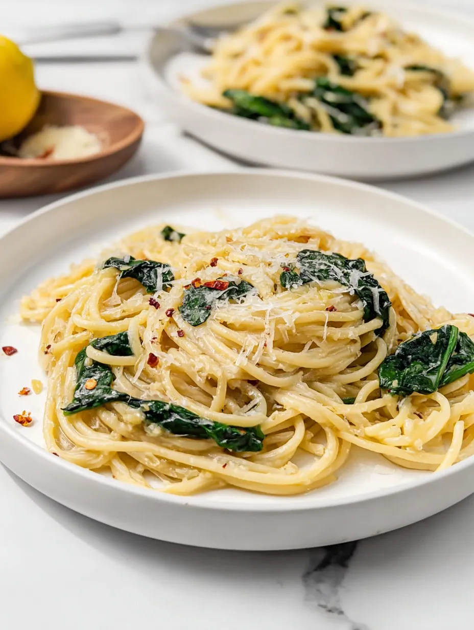 Un plato de pasta con espinaca y queso.