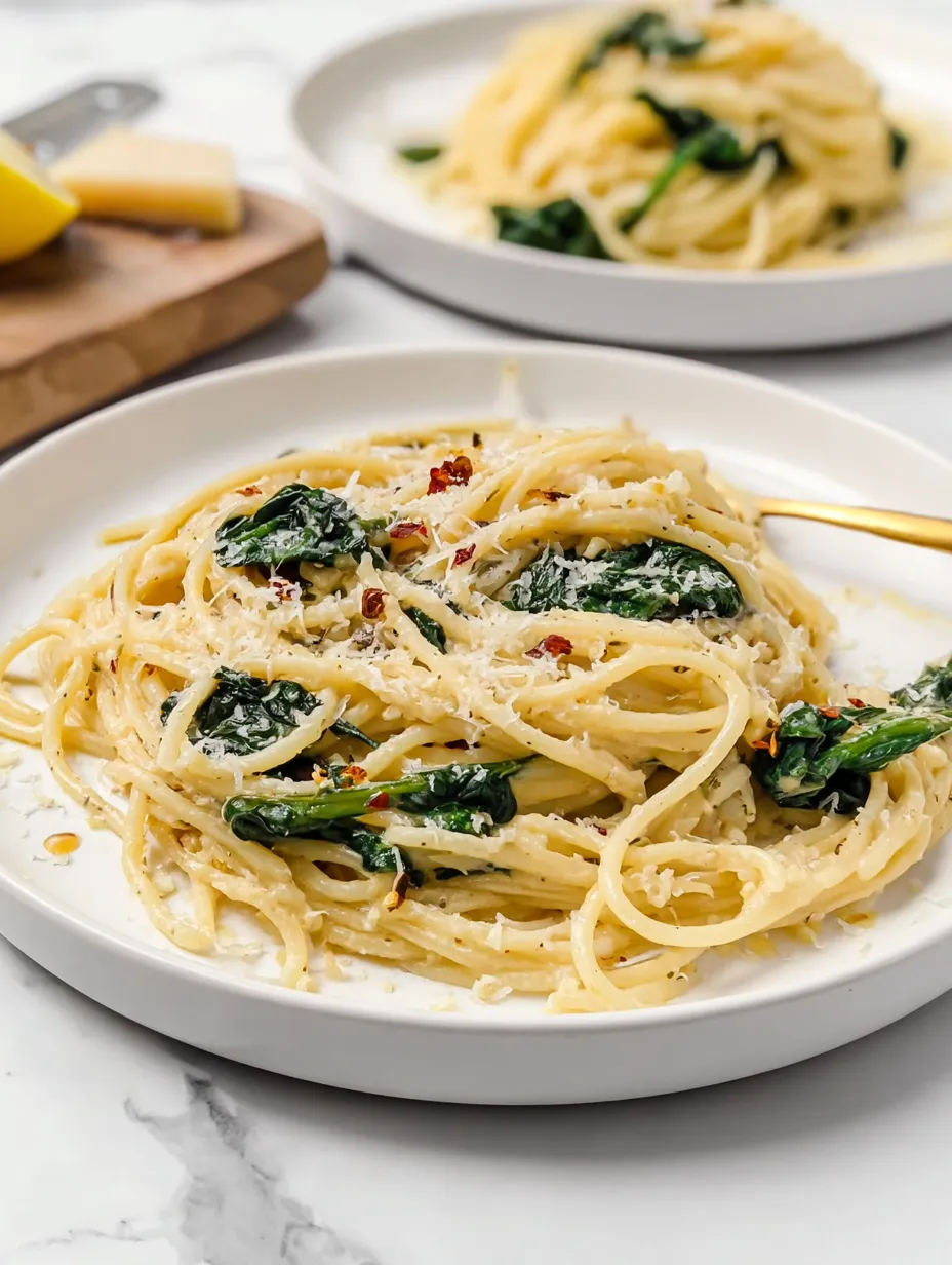 Un plato de pasta con espinaca y queso.