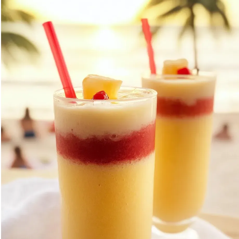 Dos vasos con jugo de piña y popotes rojos.