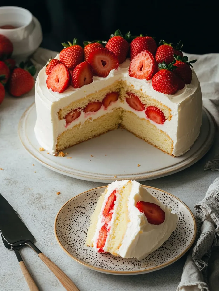 Una rebanada de pastel con fresas arriba.