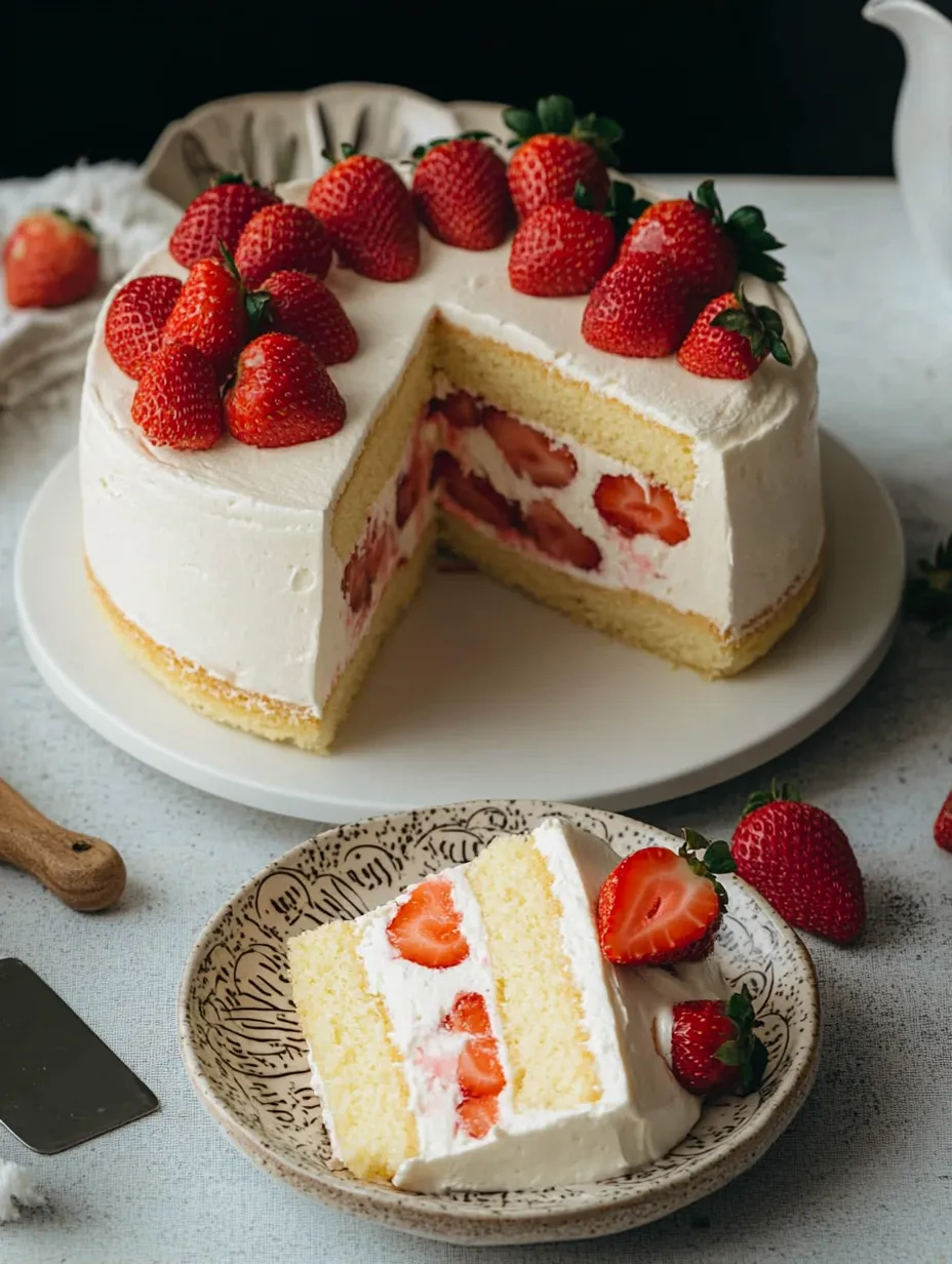 Una rebanada de pastel con fresas arriba.