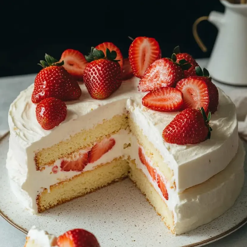Una porción de pastel coronada con fresas frescas.