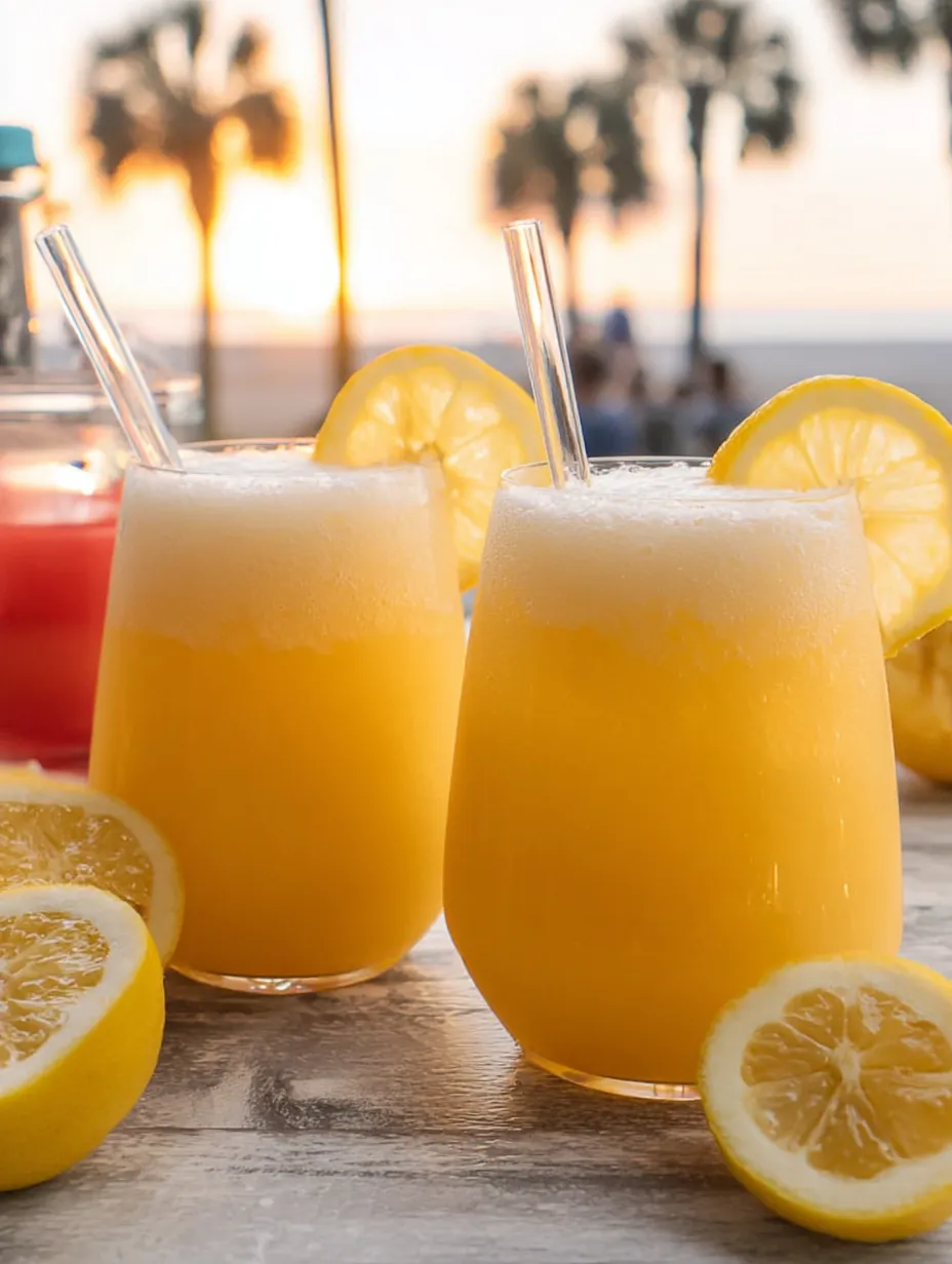 Dos vasos de limonada con rodajas de limón adentro.