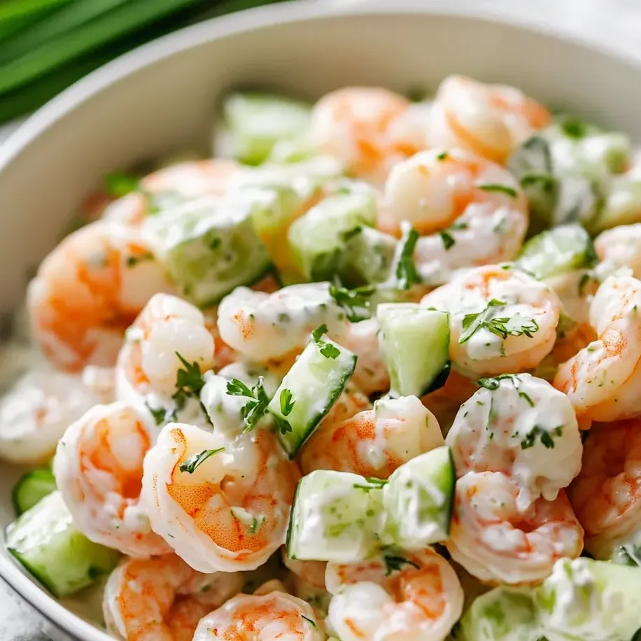 Un bowl de ensalada de camarones con pepino y otros vegetales.