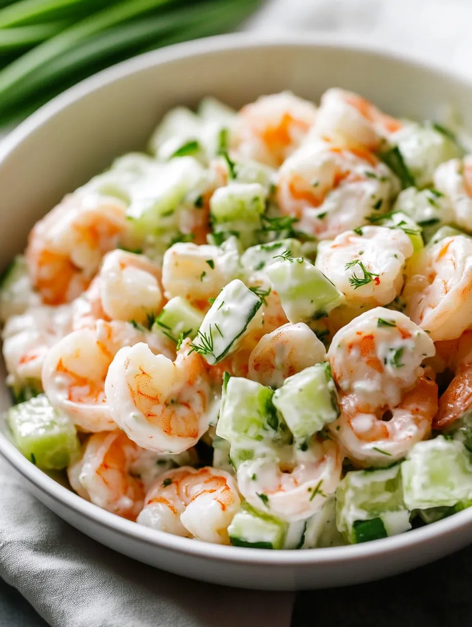 Un bol con ensalada de camarones, pepino y salsa blanca.