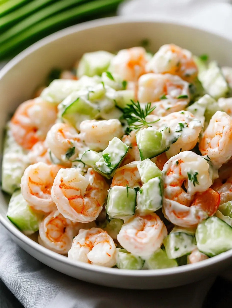 Un bol con ensalada de camarones, pepino y hierbas.