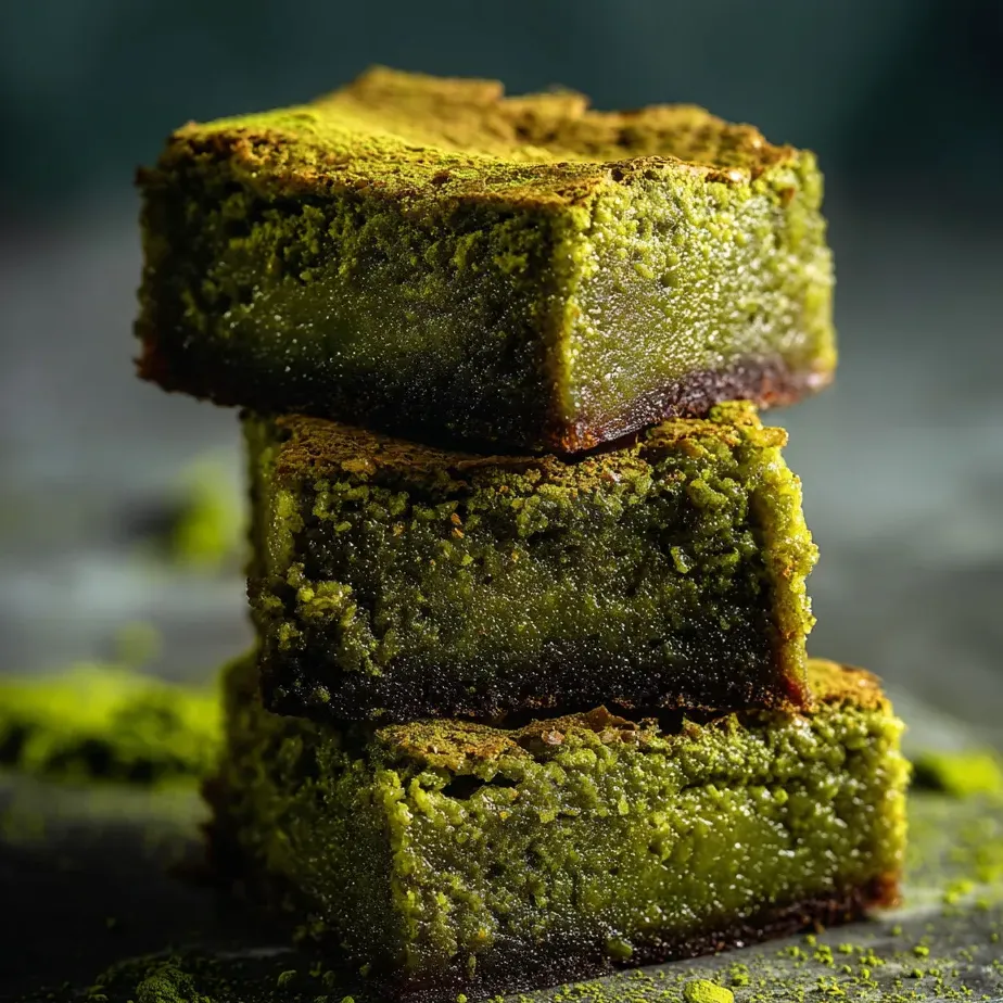 Tres trozos de brownie uno encima del otro.