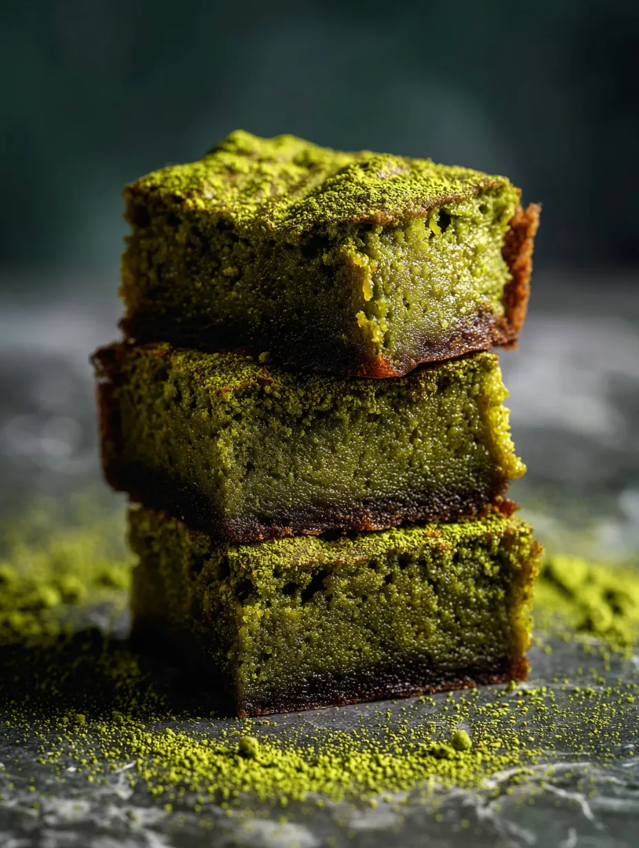 Tres porciones de torta verde apiladas una sobre otra.