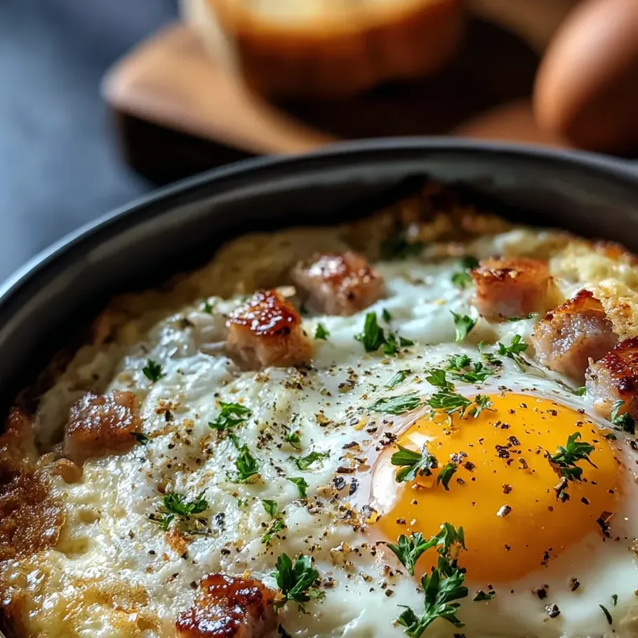Un huevo frito con tocino y hierbas.