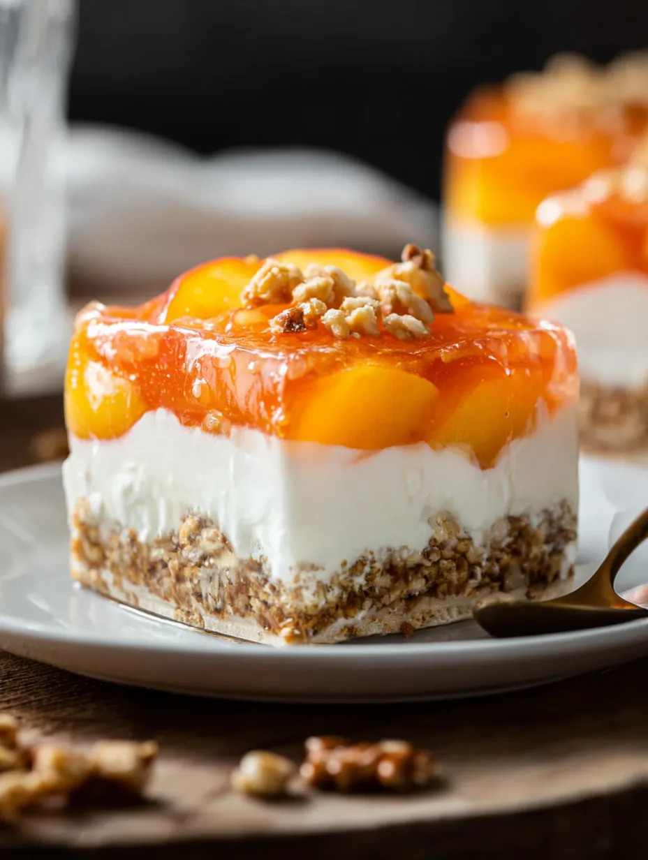 Una porción de postre de durazno con nueces arriba.