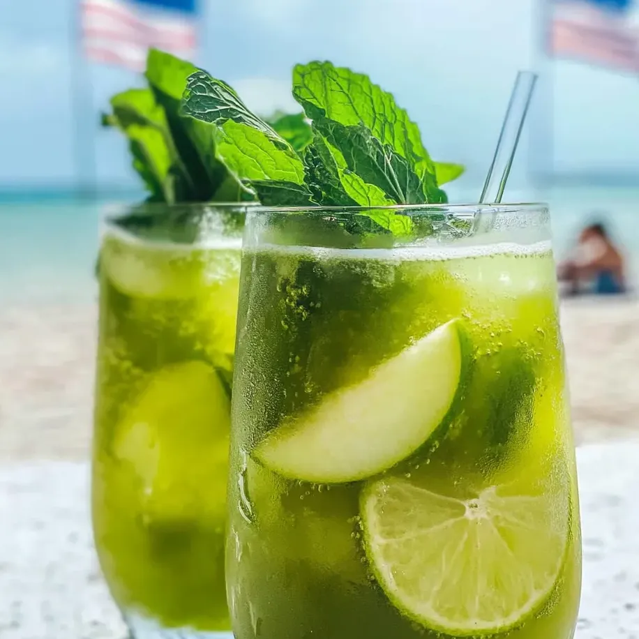 Dos vasos de bebida verde con rodajas de limón.