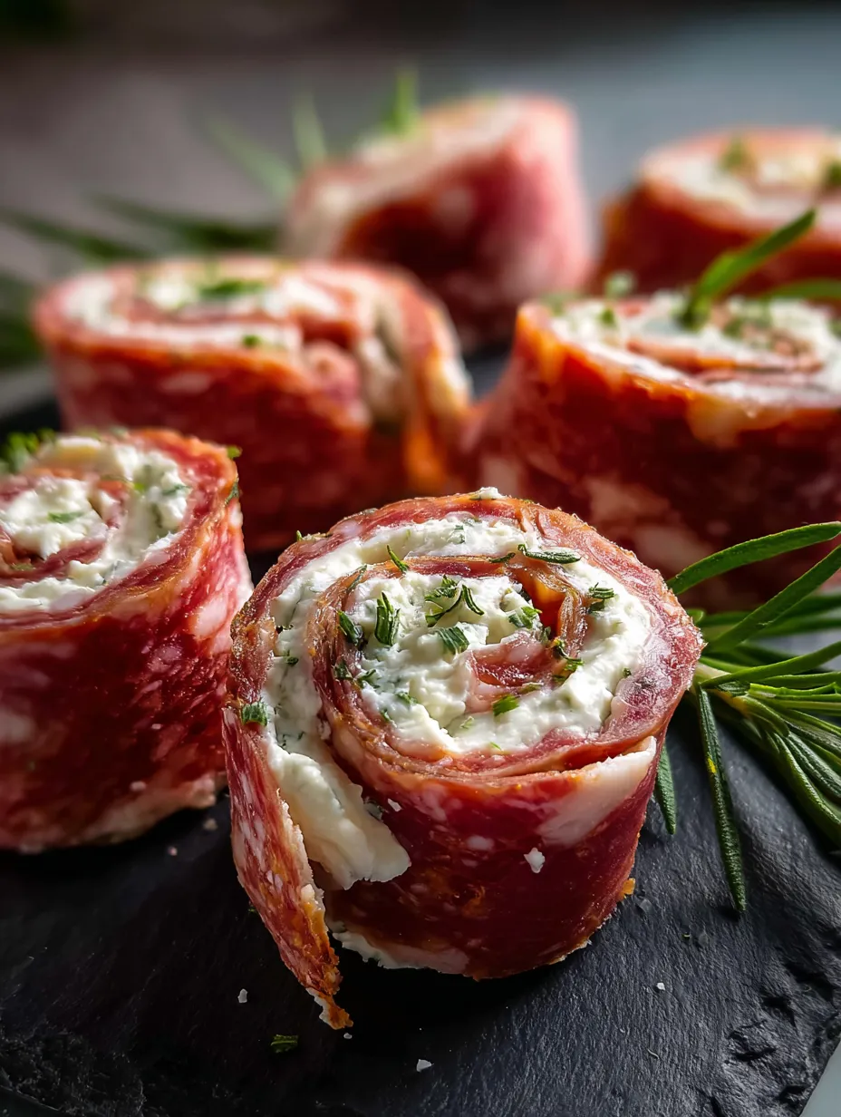 Rebanadas de carne envueltas con queso y hierbas.