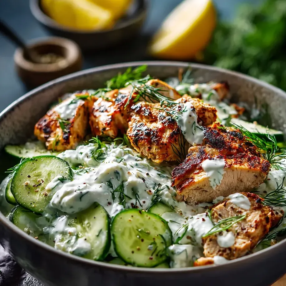 Un bowl con pollo, pepino y salsa.