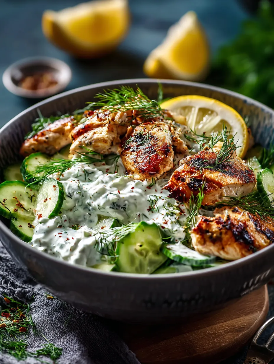 Un bowl de comida con pollo, pepino y limón.