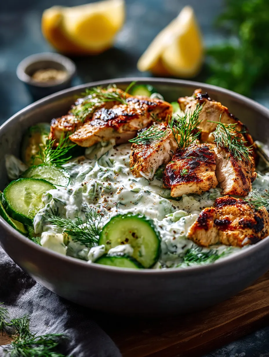 Un bowl de comida con pollo, pepino y limón.