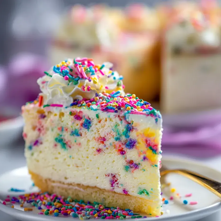 Rebanada de pastel con chispas de colores sobre un plato.