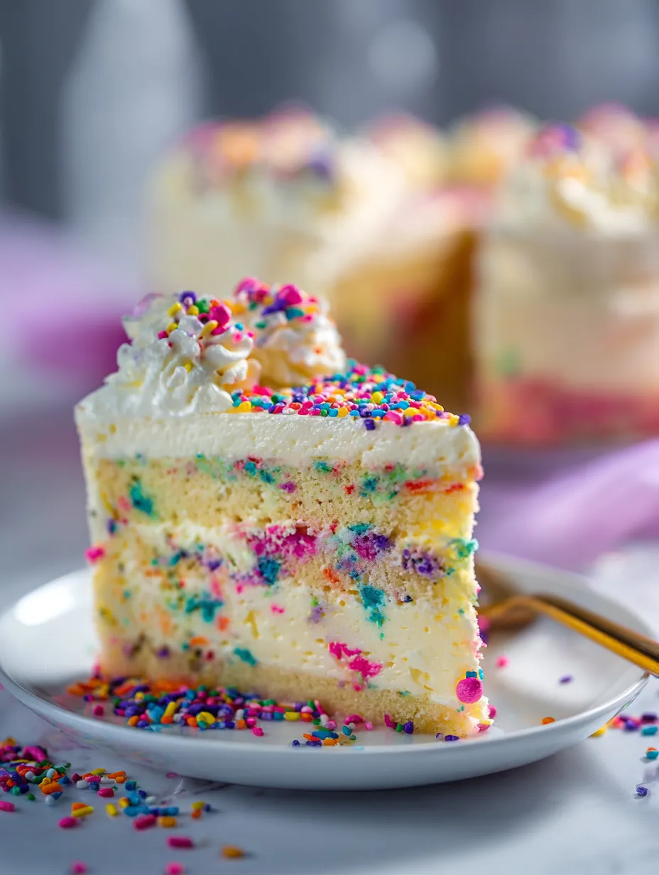 Un pedazo de pastel con chispas en un plato.