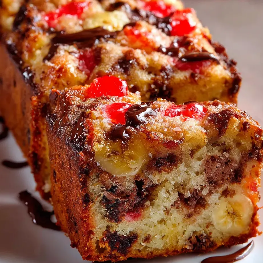 Porción de bizcocho con chocolate y banana.