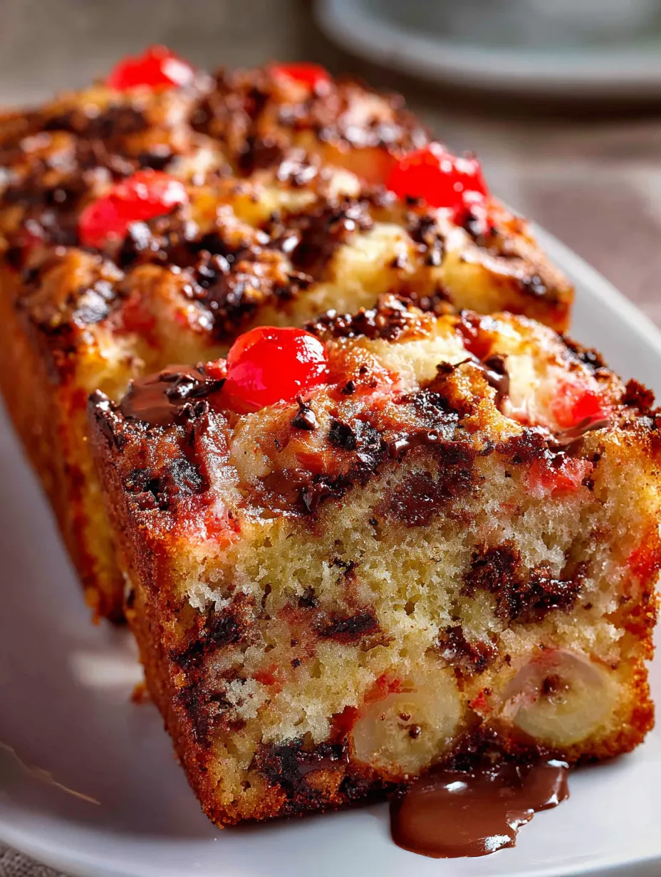 Rebanada de pan dulce con cobertura de chocolate y cerezas.