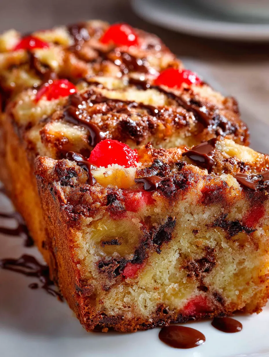 Una rebanada de pan dulce con chocolate y cerezas.