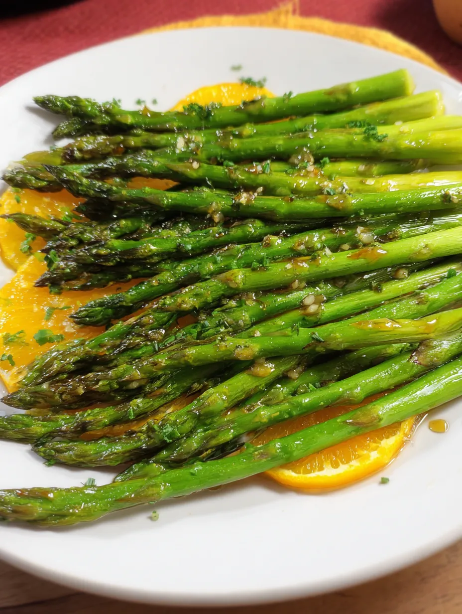 Plato de espárragos con rodajas de naranja.