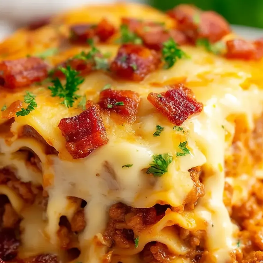 Vista cercana de una cazuela con queso y tocino.