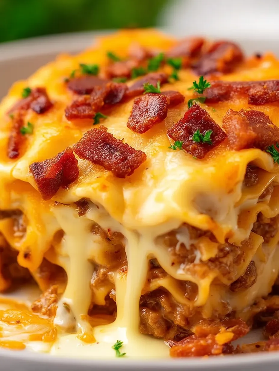 Cerca de una cazuela con queso fundido y tocino.