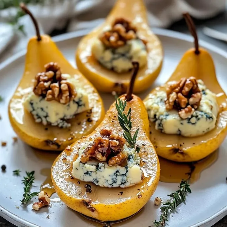 Un plato con peras rellenas de nuez y queso encima.
