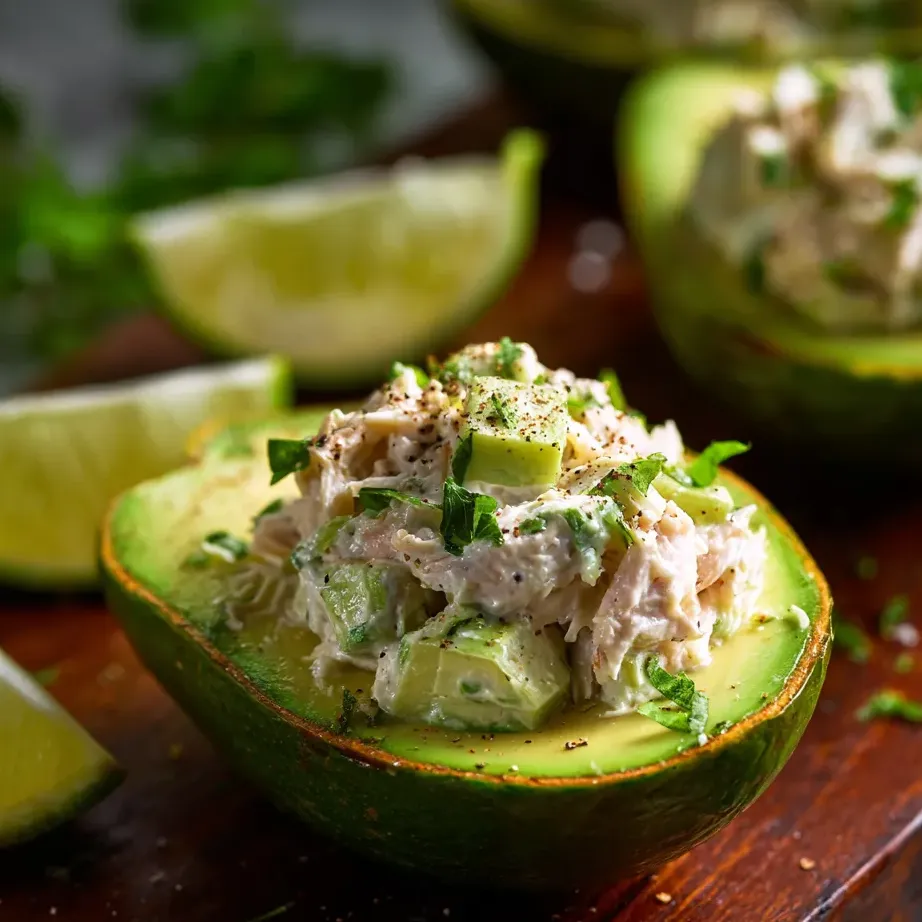 Mitad de aguacate rellena con ensalada de pollo.