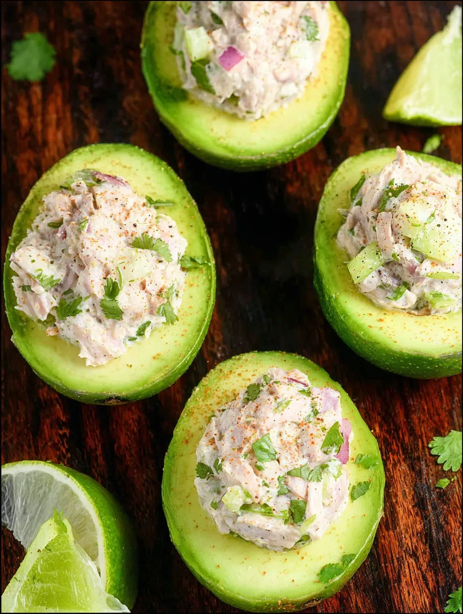 Un plato con mitades de aguacate y relleno cremoso.