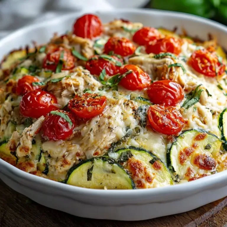 Un plato con tomates, calabacín y pollo.