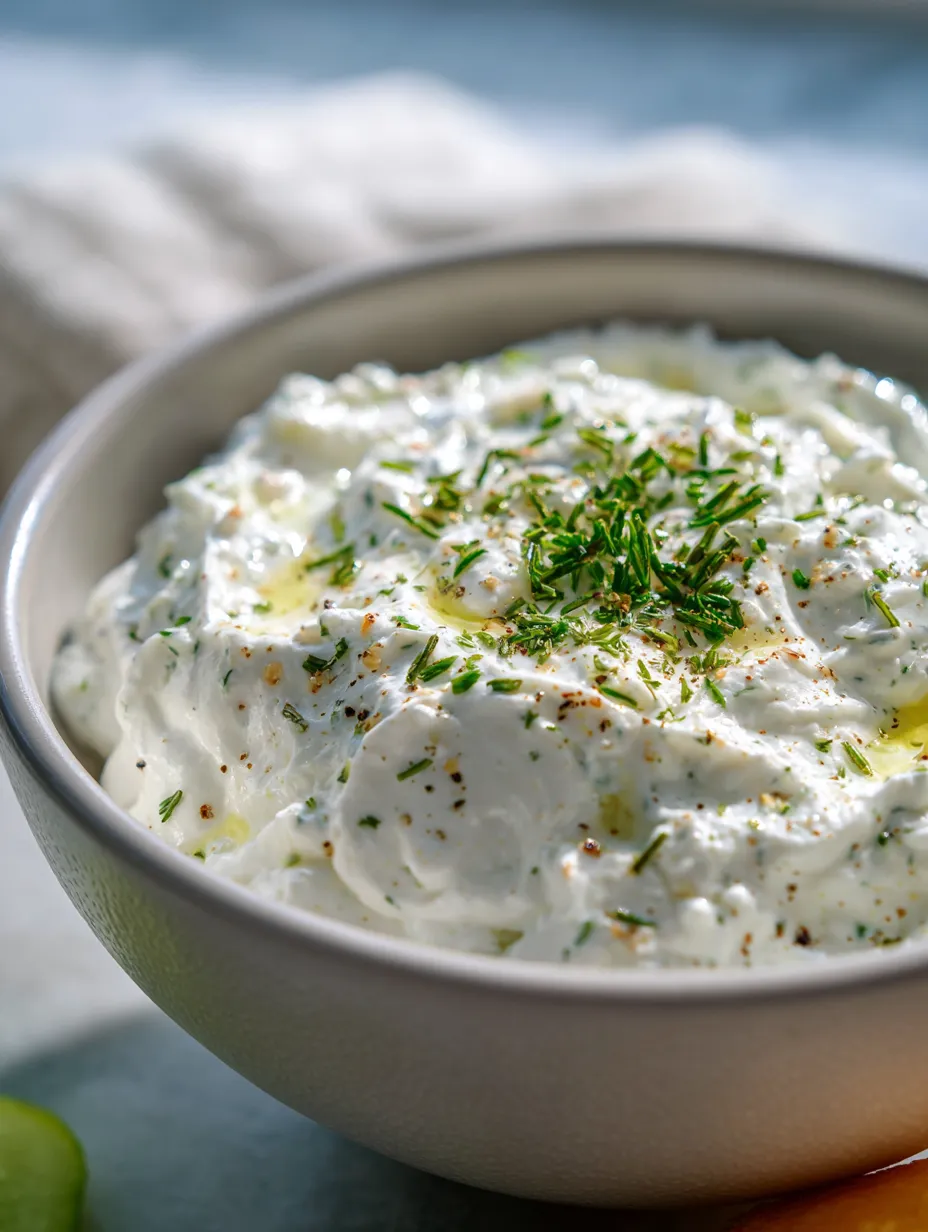 Bol con dip blanco cubierto de hierbas verdes.