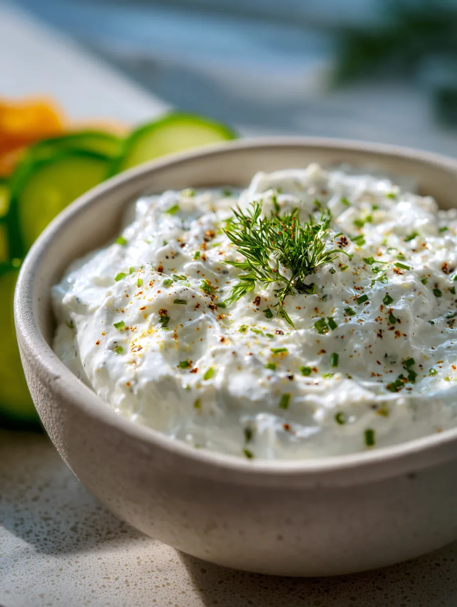 Un bol con dip blanco y hierbitas verdes encima.