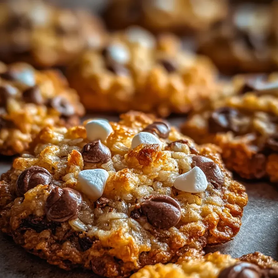 Vista de cerca de una galleta con trozos de chocolate y nubes pequeñas encima.