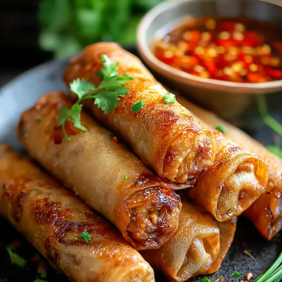 Un bol de salsa junto a unos rollitos recién hechos en un plato.