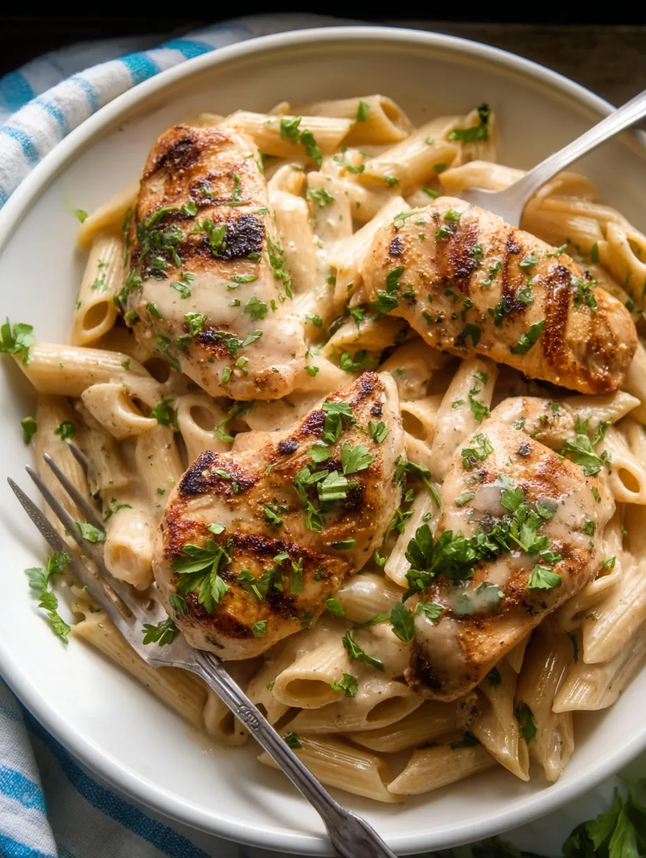 Un plato con pasta y pollo.