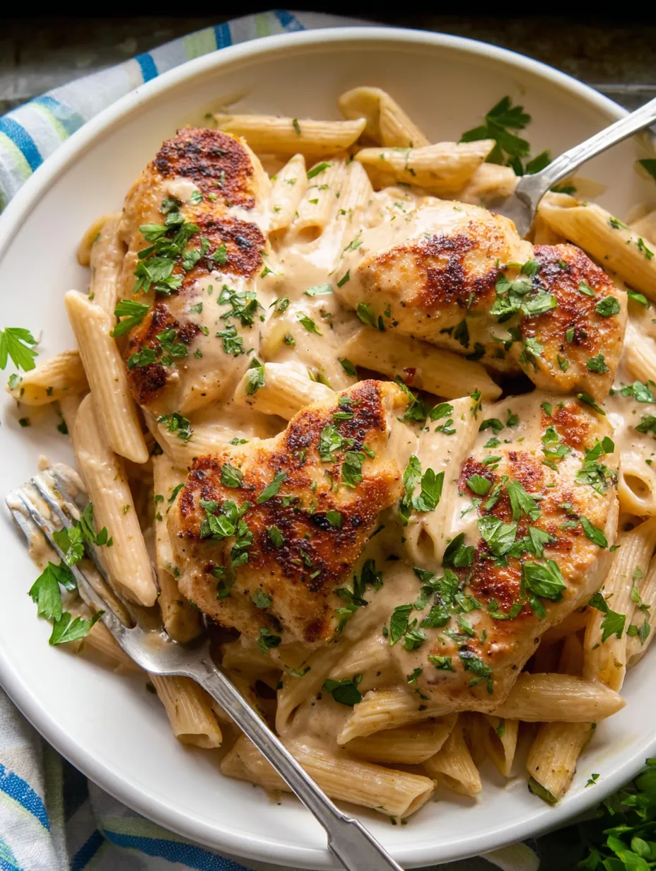 Un plato con pasta y pollo.