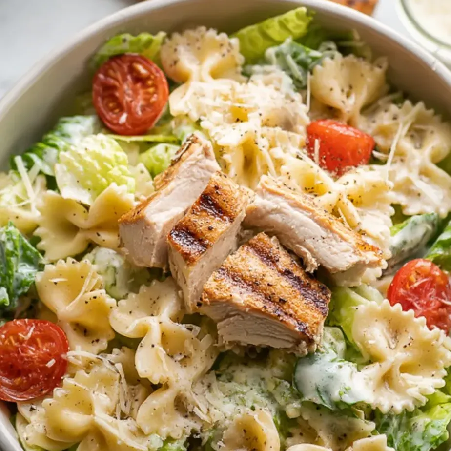 Un bol de ensalada de pasta con pollo y tomates.