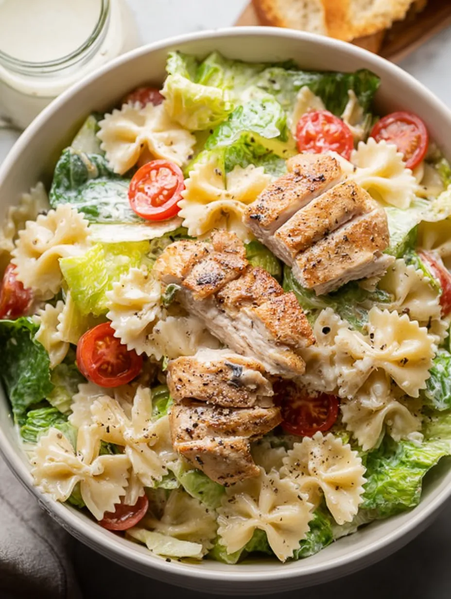 Un bowl de ensalada de pasta con pollo, tomates y lechuga.