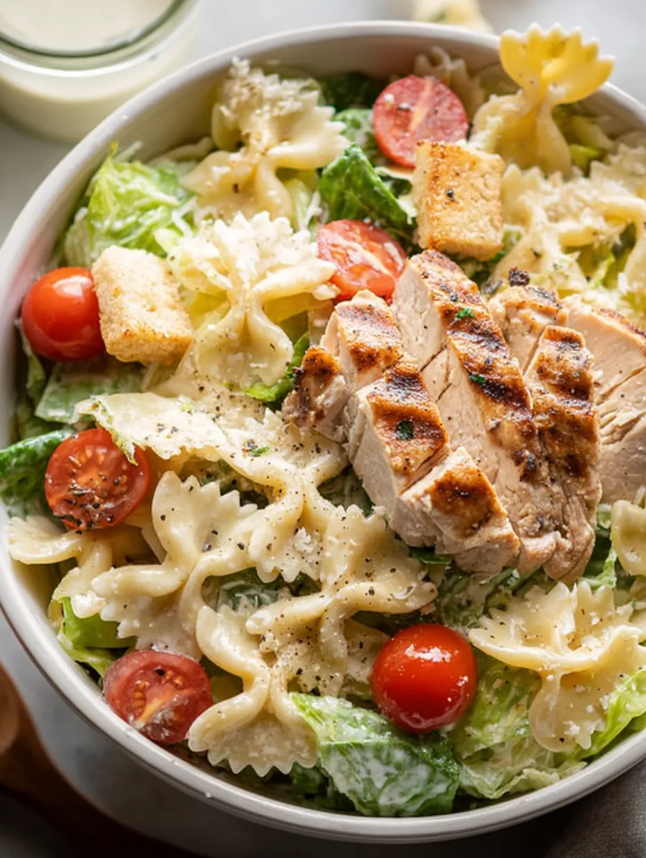 Un bowl de ensalada de pasta con pollo y tomates.