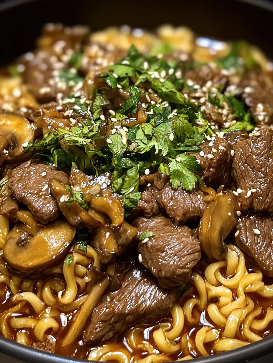 Un bol de fideos con carne y champiñones.