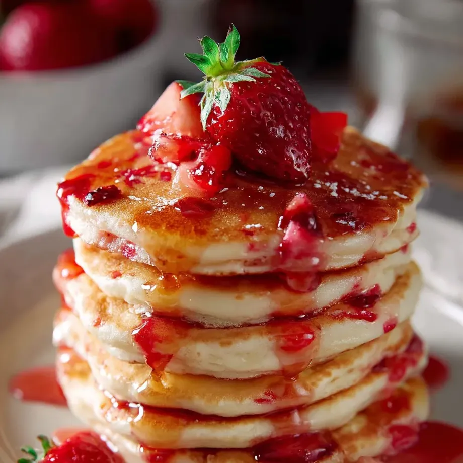 Una torre de pancakes con fresas arriba.