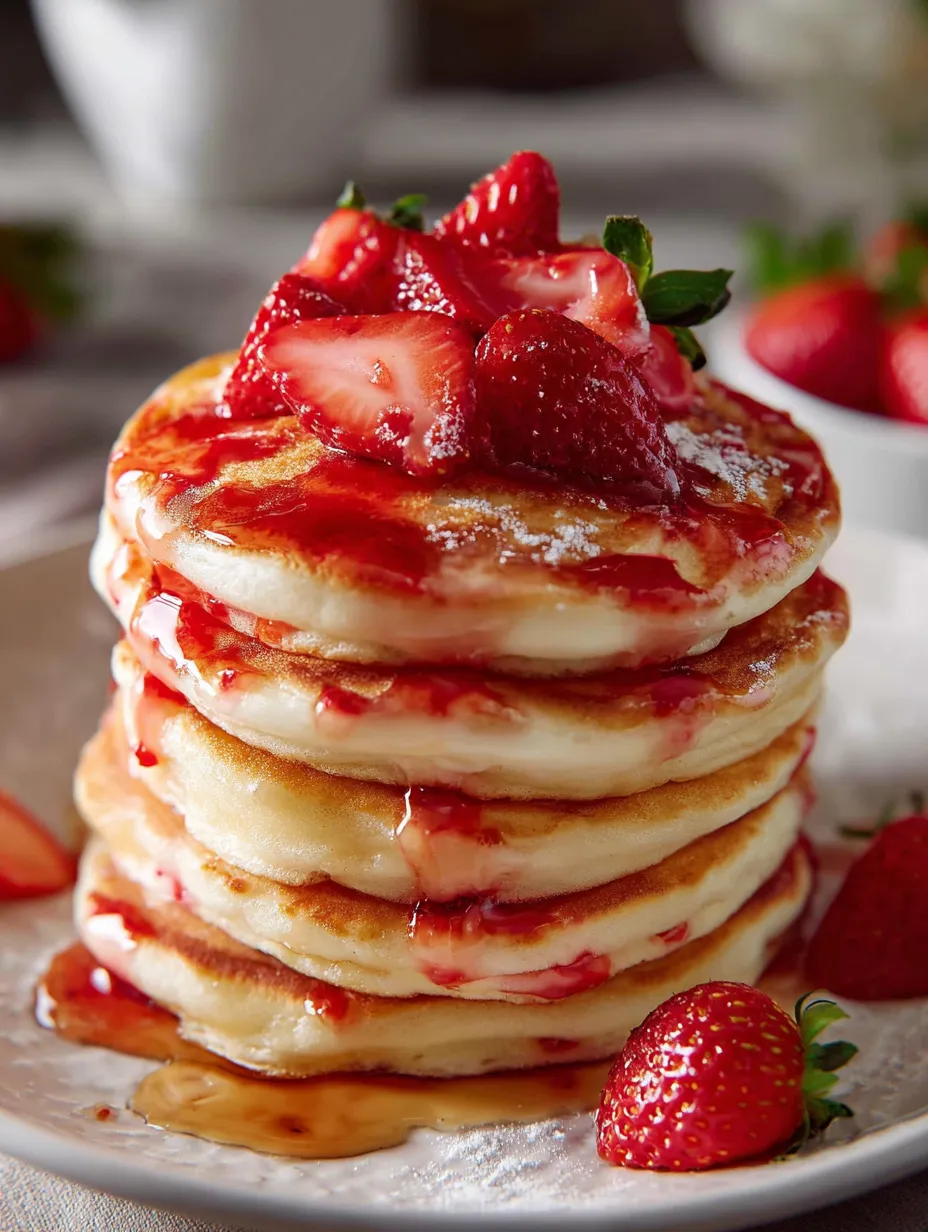 Una torre de panqueques con fresas encima.