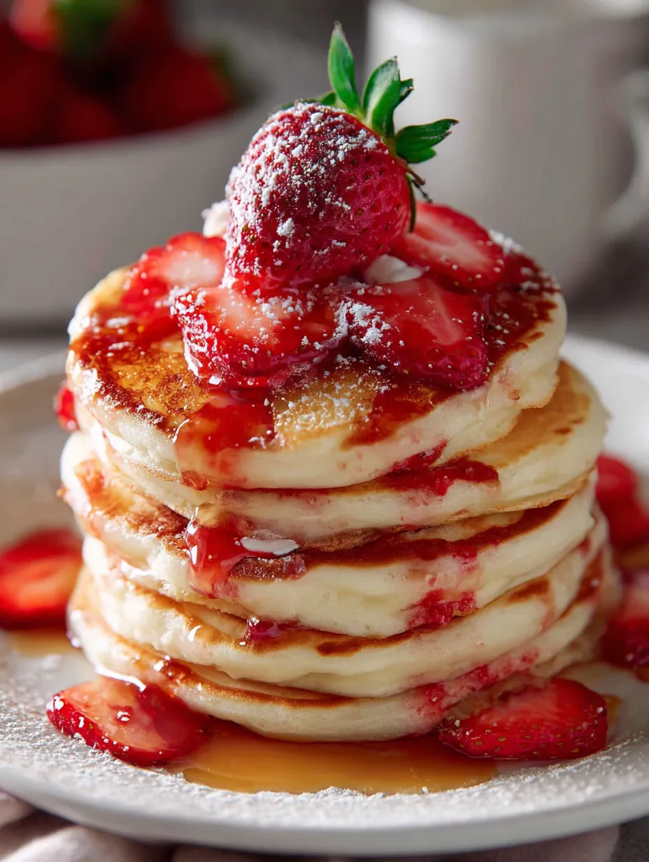 Una torre de panqueques con fresas encima.