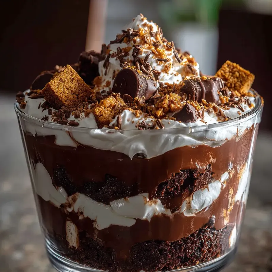 Un postre de chocolate con crema blanca y chips de chocolate.