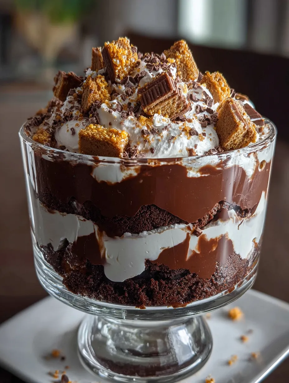 Un postre de chocolate con crema blanca y cereal crujiente.